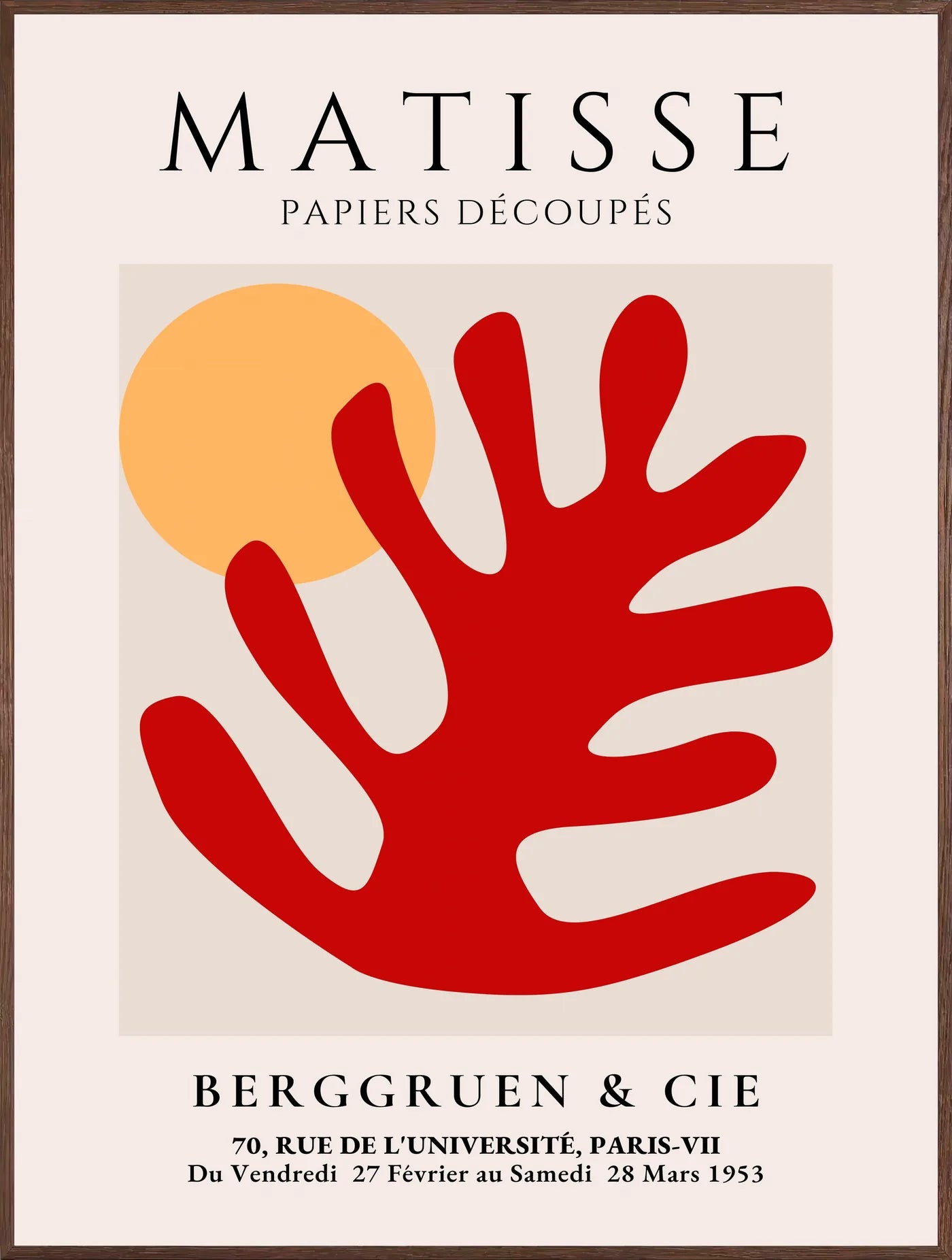 Affiche Feuille Corail Rouge et Soleil Papiers Decoupes — Henri Matisse — encadrement chêne