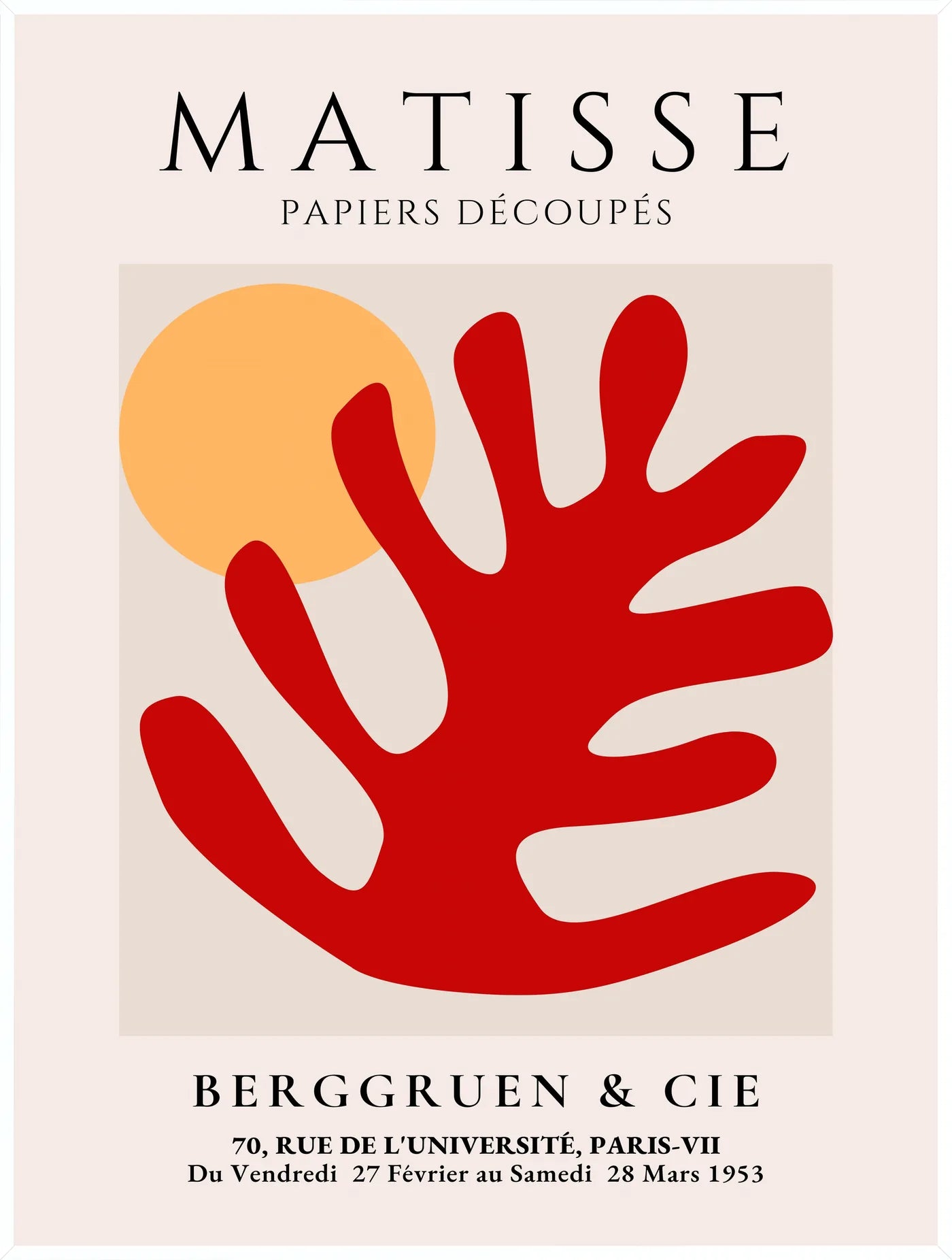 Affiche Feuille Corail Rouge et Soleil Papiers Decoupes — Henri Matisse — encadrement blanc