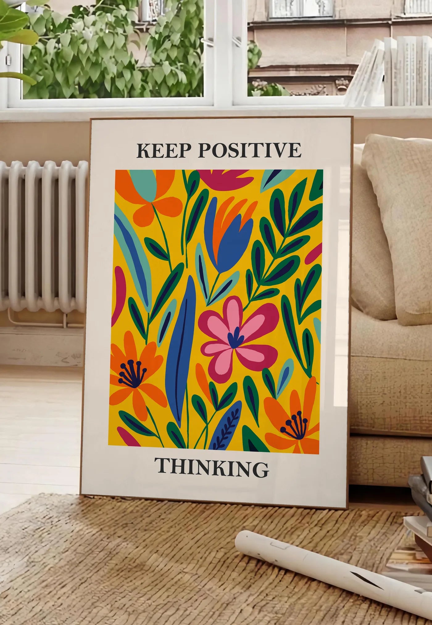 Affiche Fleurs Keep Positive Thinking Florale — Henri Matisse — mise en situation dans un salon