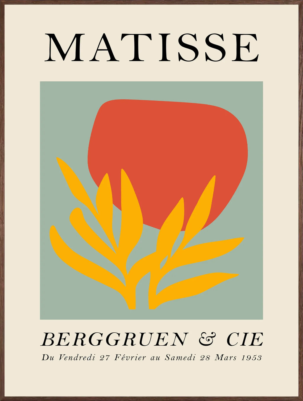 Affiche Forme Rouge et Feuille Jaune Papiers Decoupes — Henri Matisse — encadrement chêne
