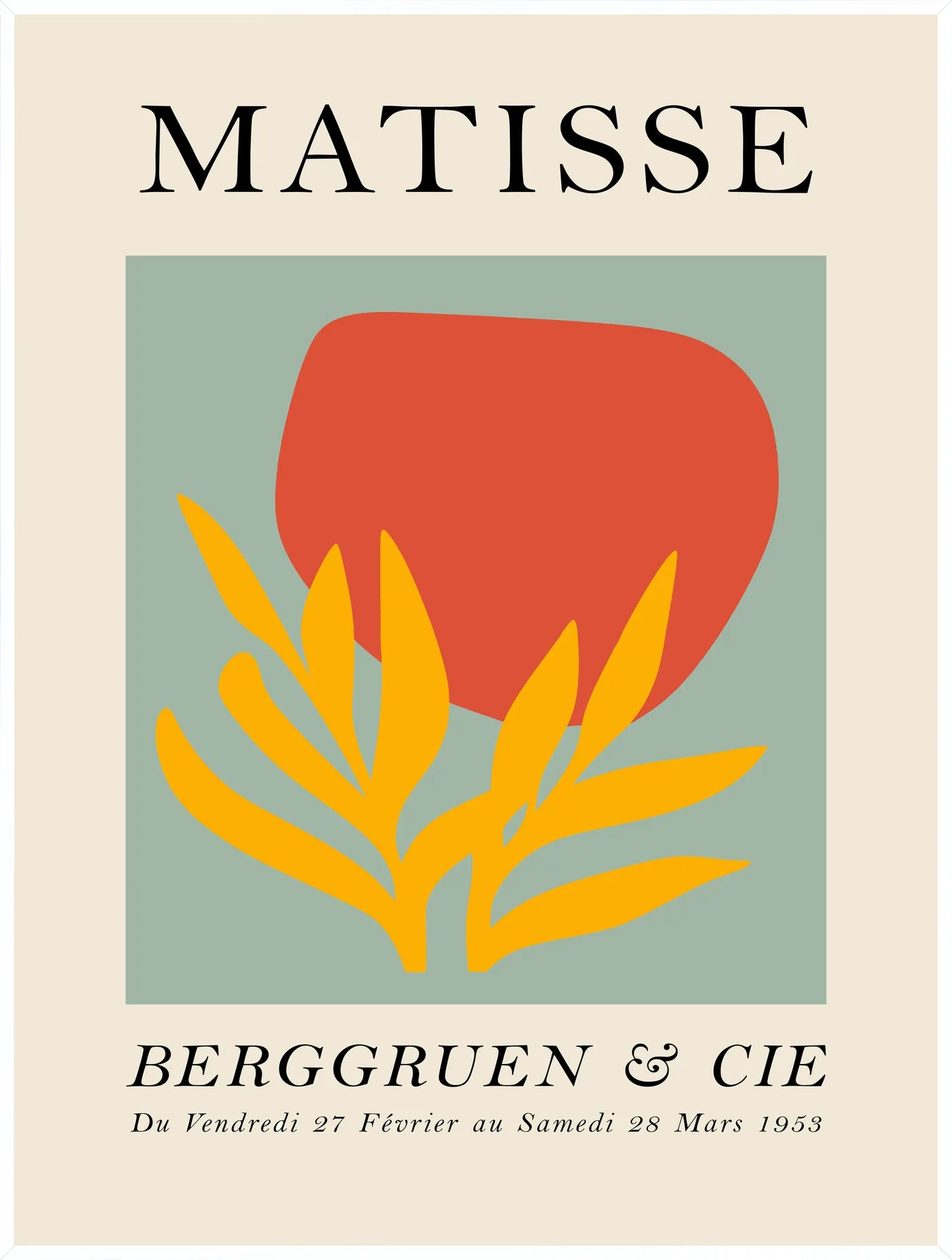 Affiche Forme Rouge et Feuille Jaune Papiers Decoupes — Henri Matisse — encadrement blanc