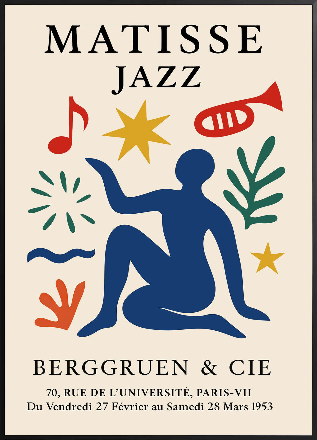 Affiche Jazz Figure Bleue Papiers Decoupes — Henri Matisse — encadrement noir