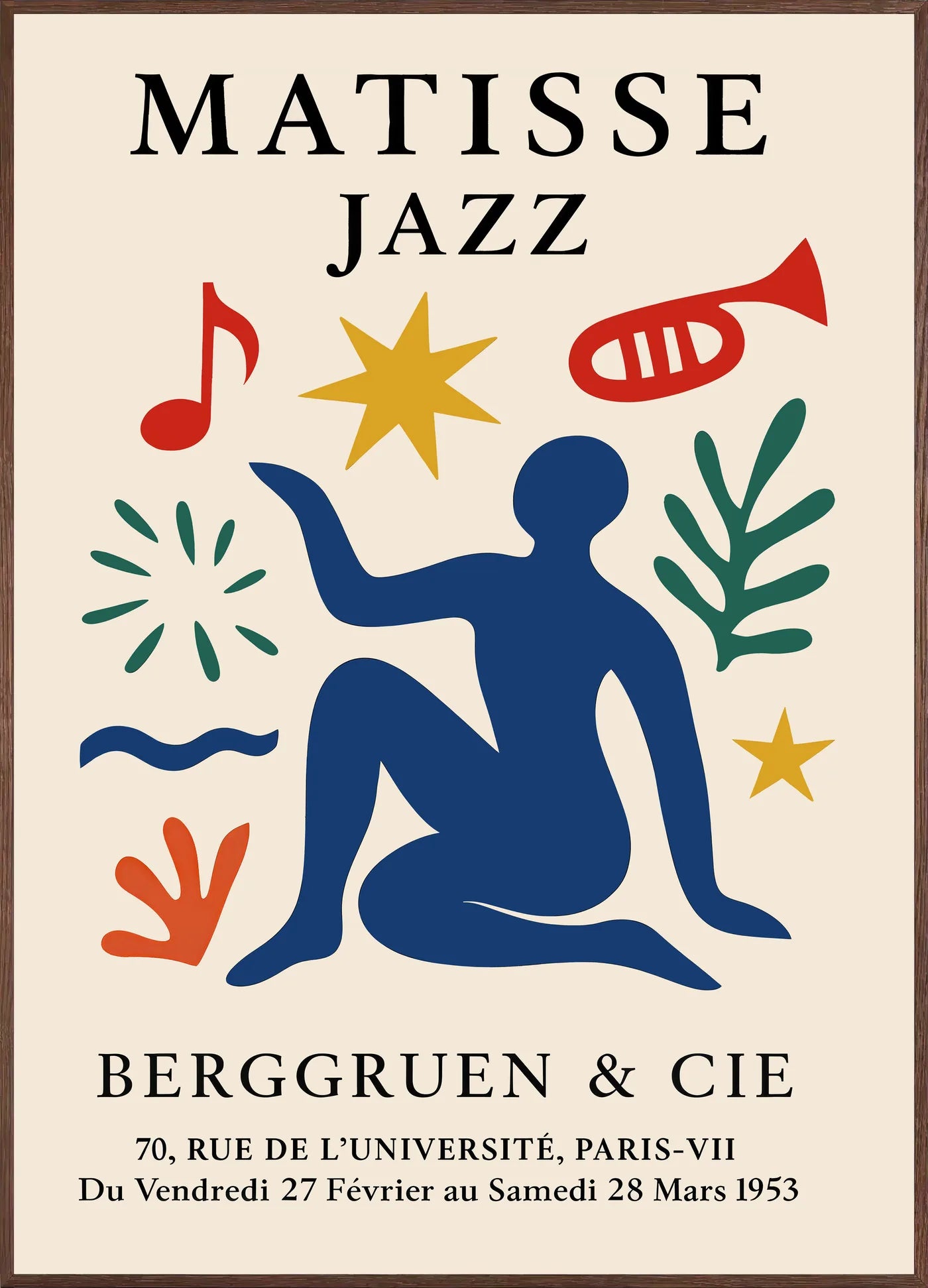 Affiche Jazz Figure Bleue Papiers Decoupes — Henri Matisse — encadrement chêne