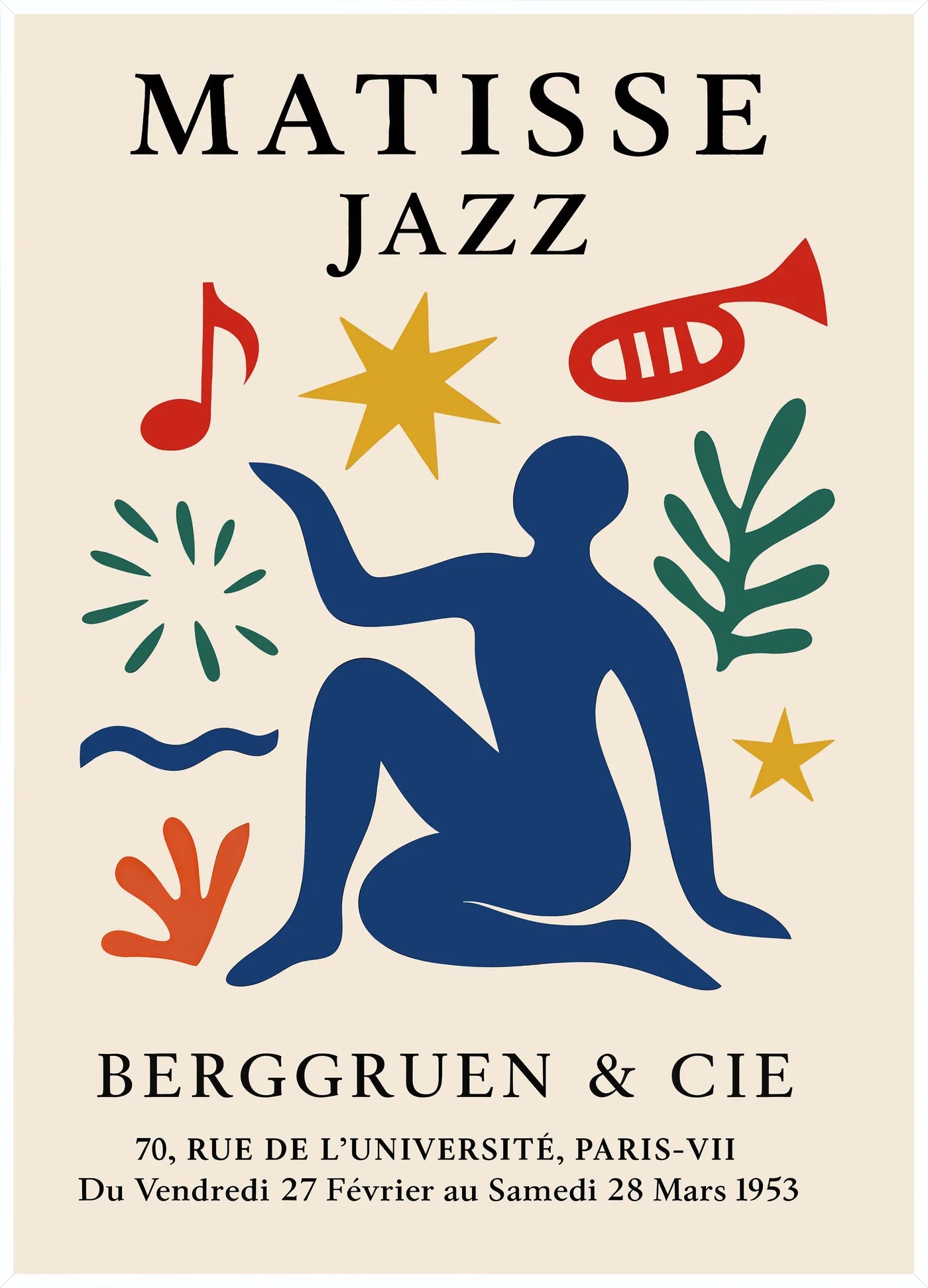 Affiche Jazz Figure Bleue Papiers Decoupes — Henri Matisse — encadrement blanc