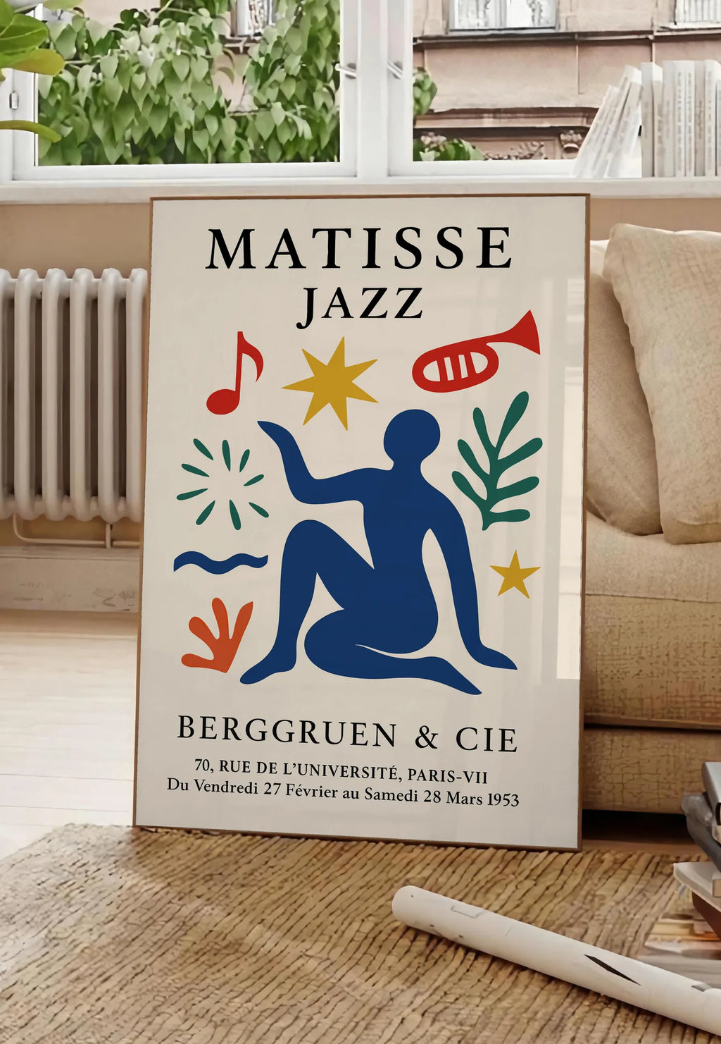 Affiche Jazz Figure Bleue Papiers Decoupes — Henri Matisse — mise en situation dans un salon