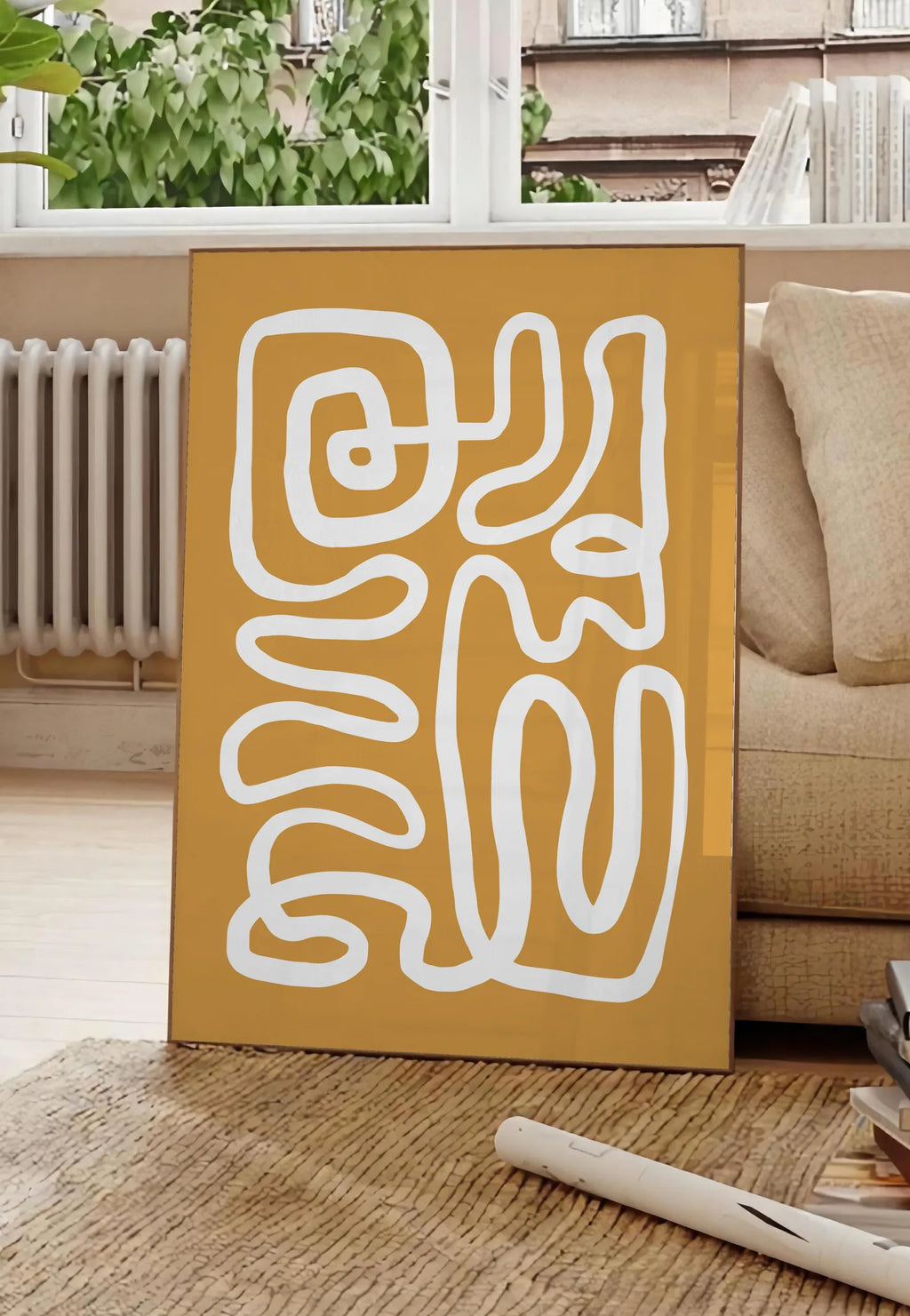 Affiche Ligne Continue Ocre Abstraite — Henri Matisse — mise en situation dans un salon