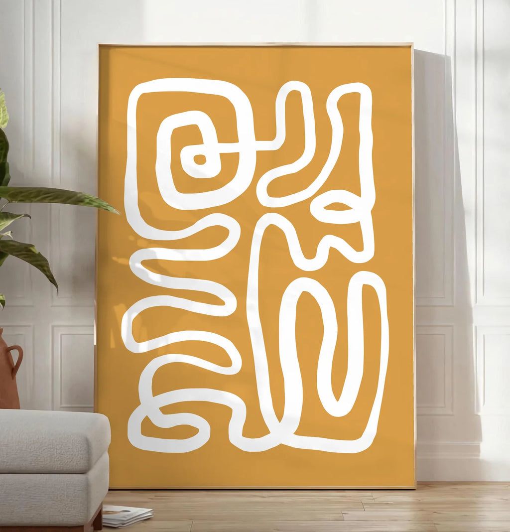 Affiche Ligne Continue Ocre Abstraite — Henri Matisse — mise en situation dans un salon contemporain
