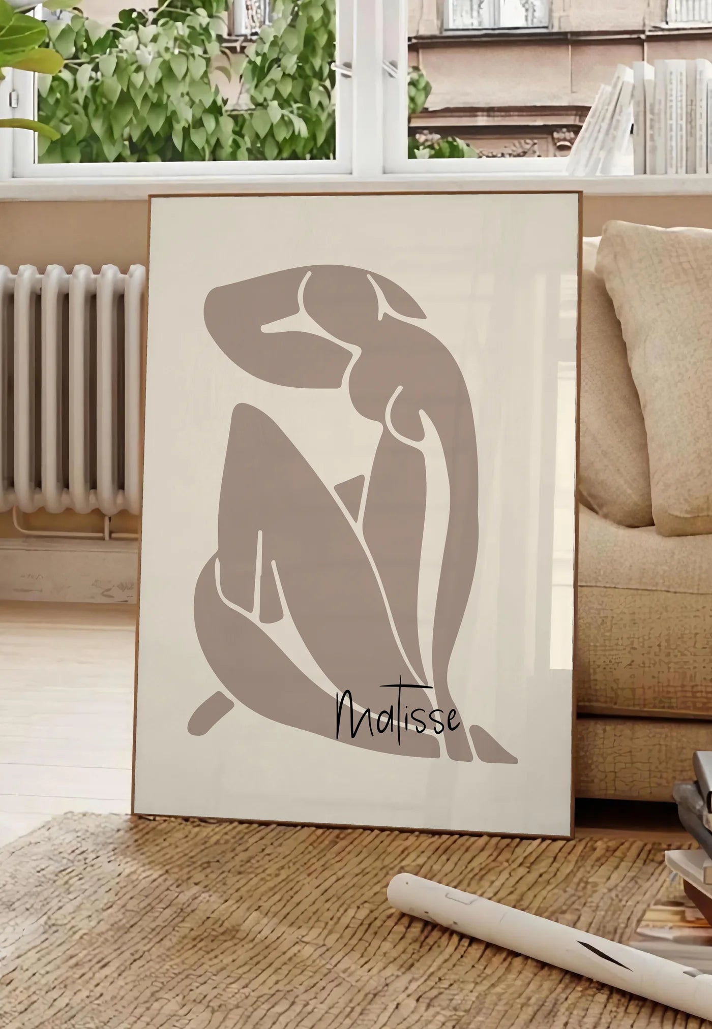 Affiche Nu Assis Taupe Papiers Decoupes — Henri Matisse — mise en situation dans un salon