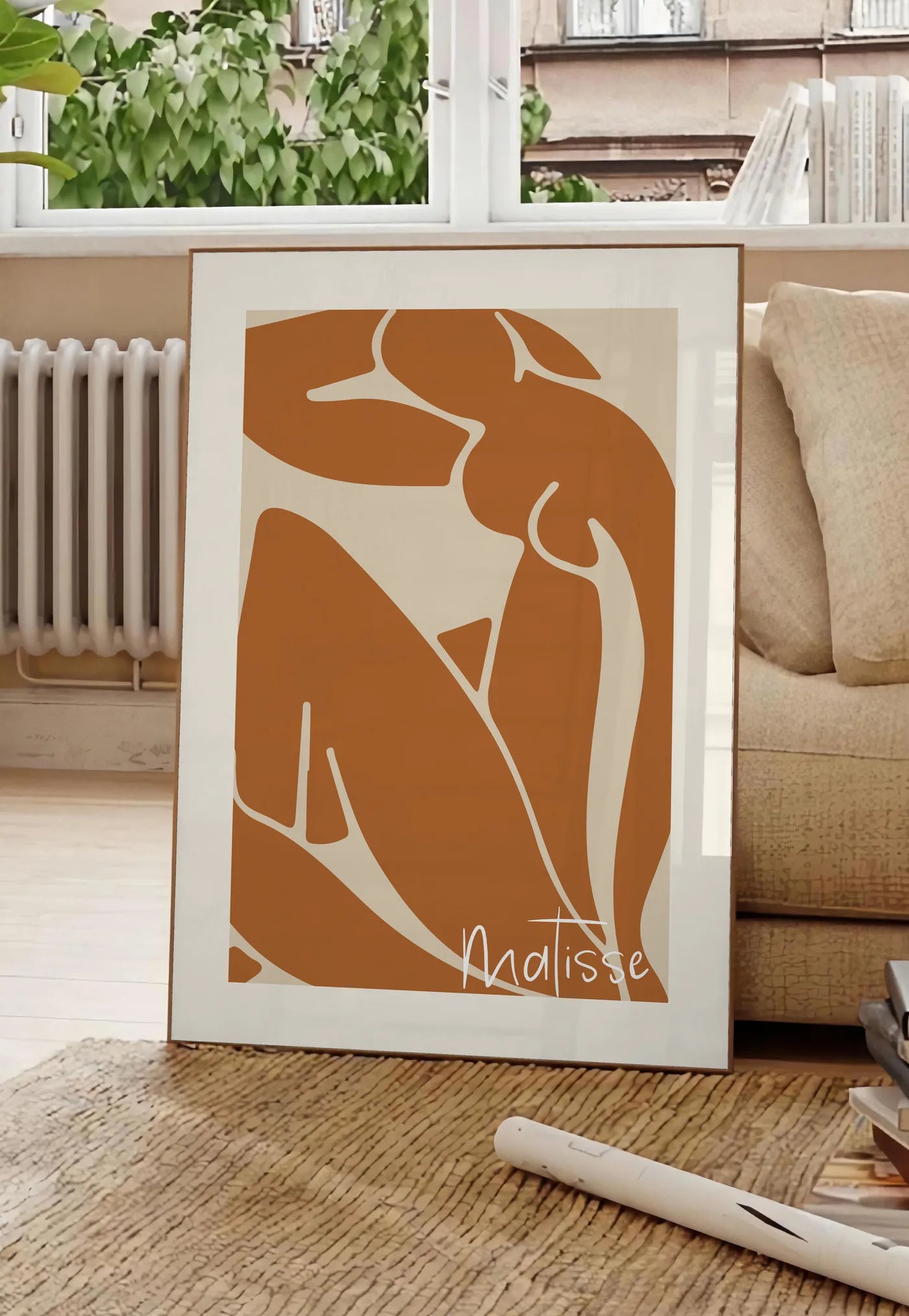 Affiche Nu Assis Terracotta Papiers Decoupes, Trait — Henri Matisse — mise en situation dans un salon