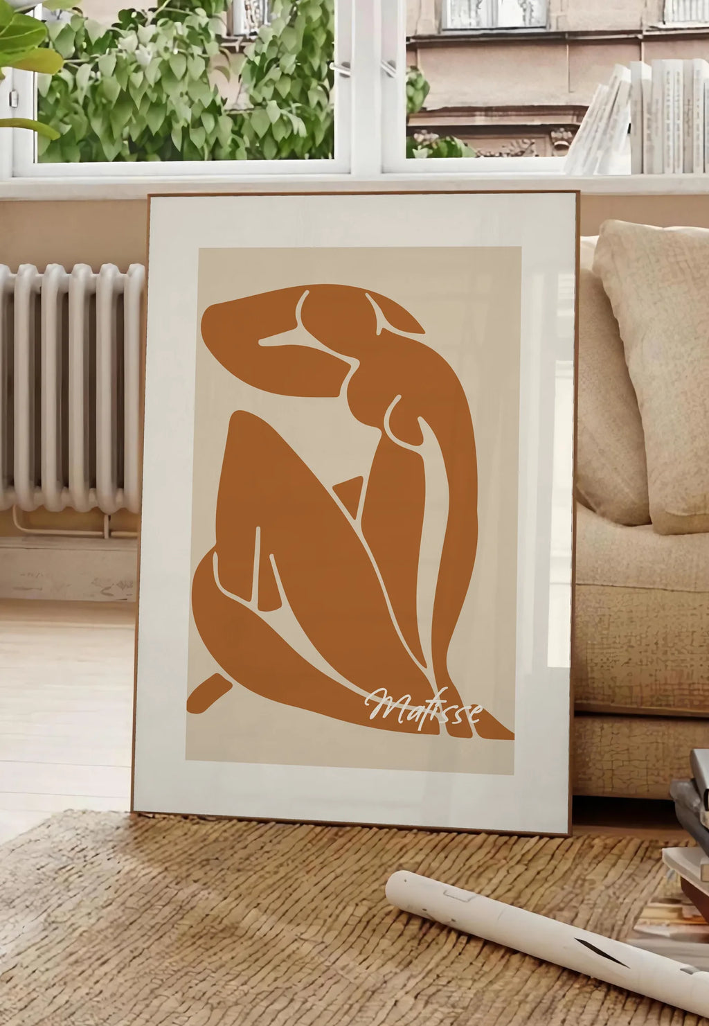 Affiche Nu Assis Terracotta Papiers Decoupes, Aplat — Henri Matisse — mise en situation dans un salon