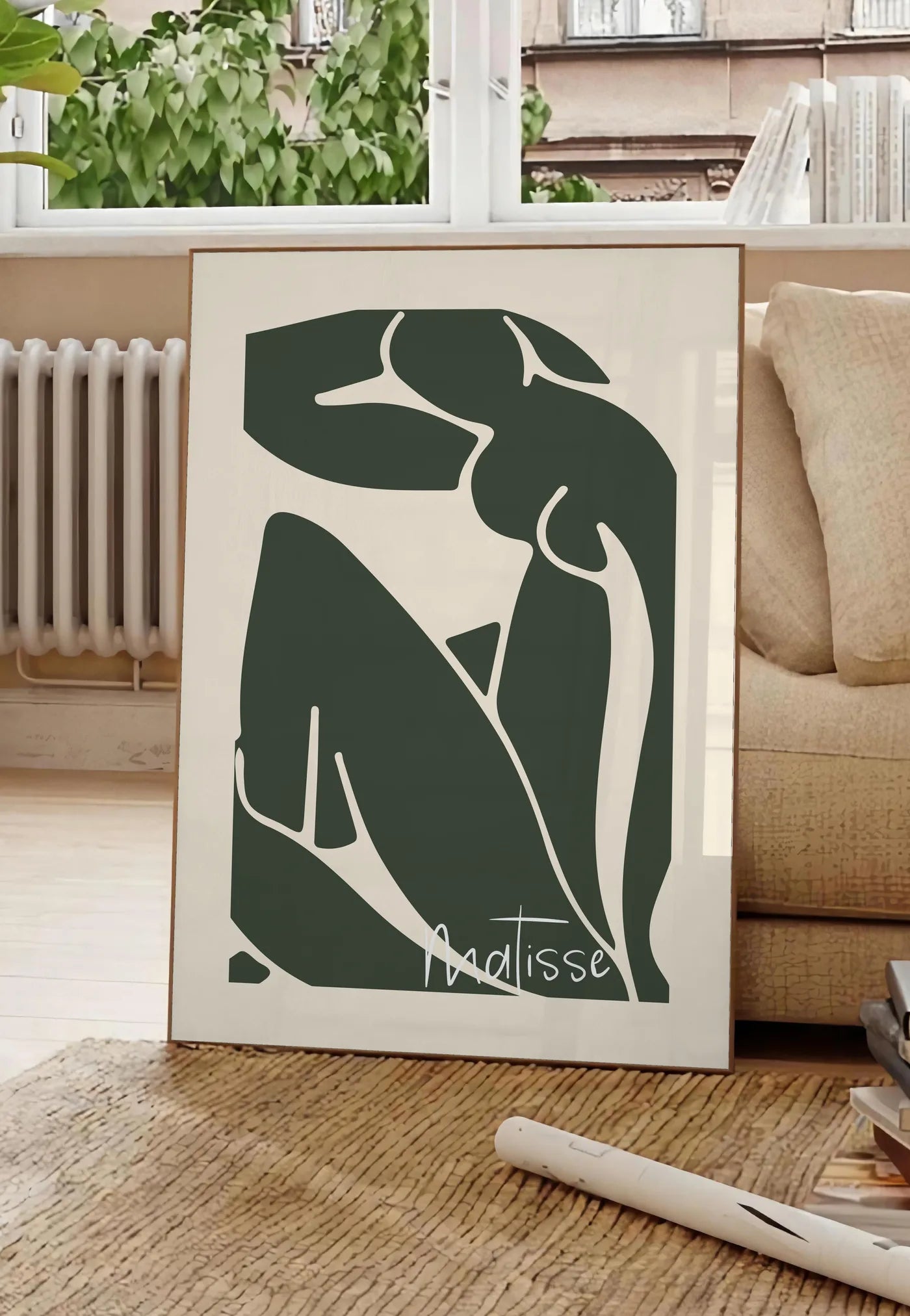 Affiche Nu Assis Vert Papiers Decoupes — Henri Matisse — mise en situation dans un salon