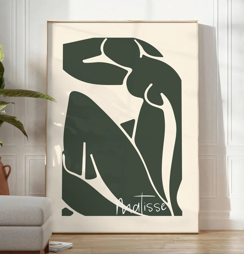Affiche Nu Assis Vert Papiers Decoupes — Henri Matisse — mise en situation dans un salon contemporain