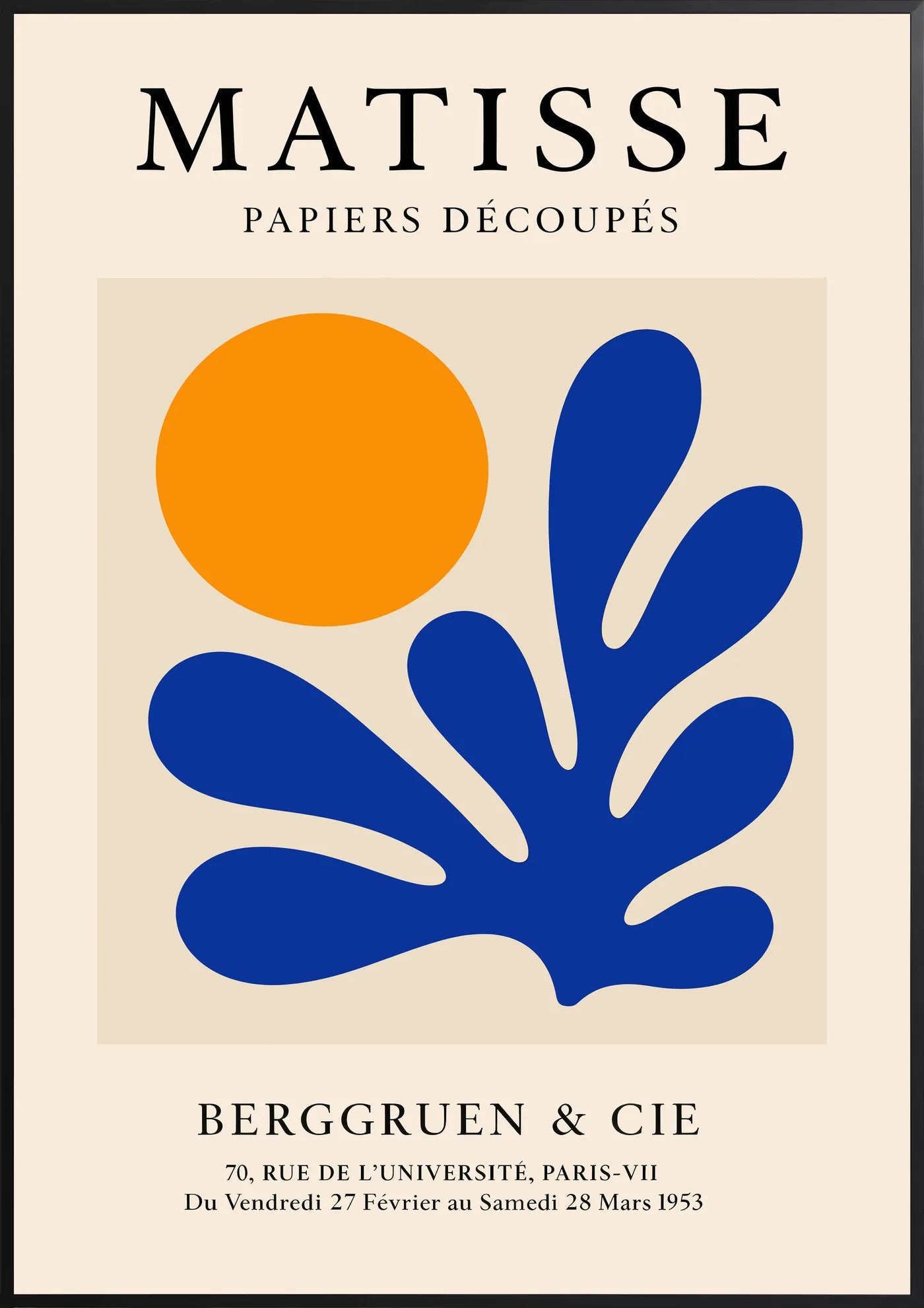 Affiche Soleil Orange et Corail Bleu Papiers Decoupes — Henri Matisse — encadrement noir
