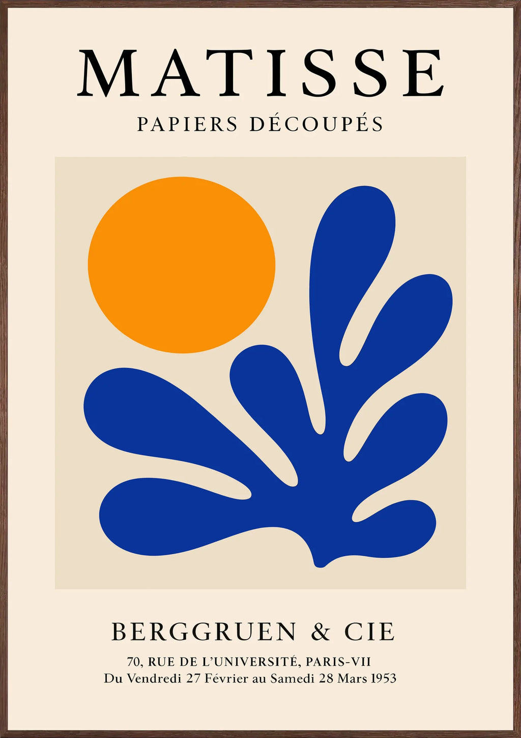Affiche Soleil Orange et Corail Bleu Papiers Decoupes — Henri Matisse — encadrement chêne