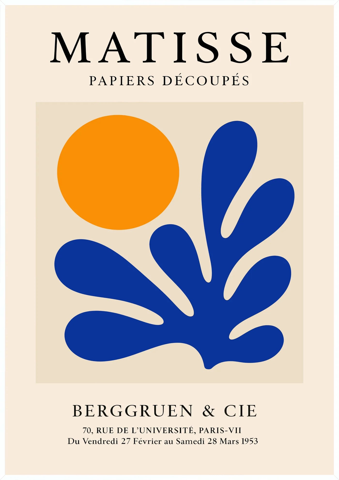 Affiche Soleil Orange et Corail Bleu Papiers Decoupes — Henri Matisse — encadrement blanc