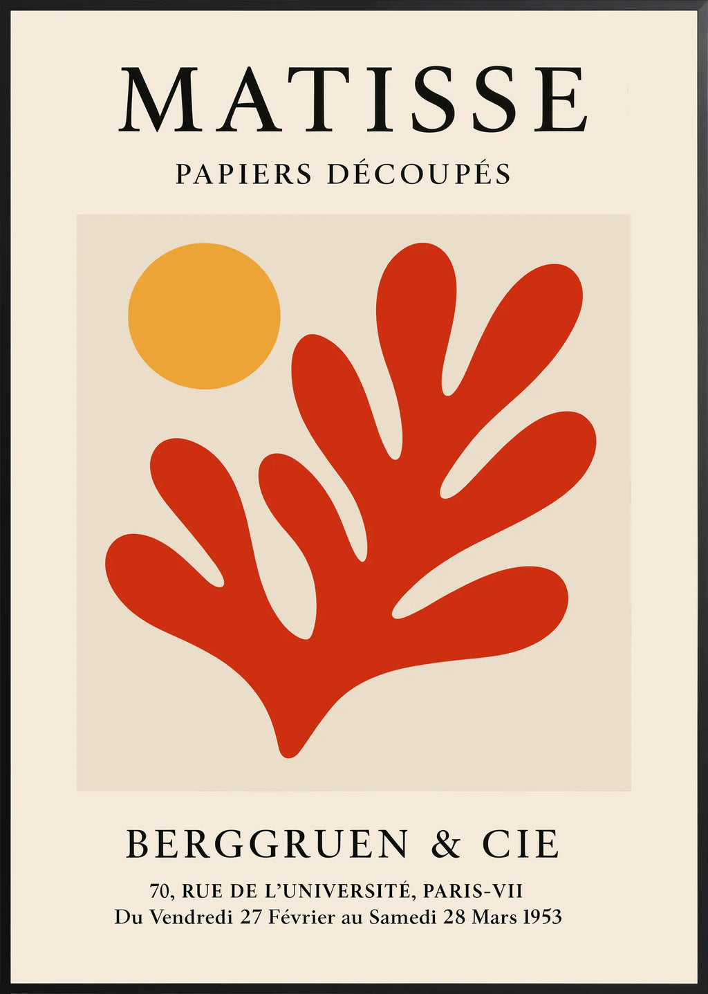Affiche Soleil Orange et Corail Rouge Papiers Decoupes — Henri Matisse — encadrement noir