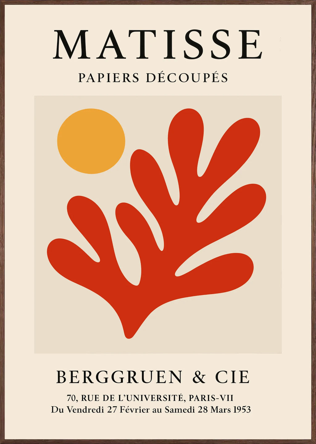 Affiche Soleil Orange et Corail Rouge Papiers Decoupes — Henri Matisse — encadrement chêne
