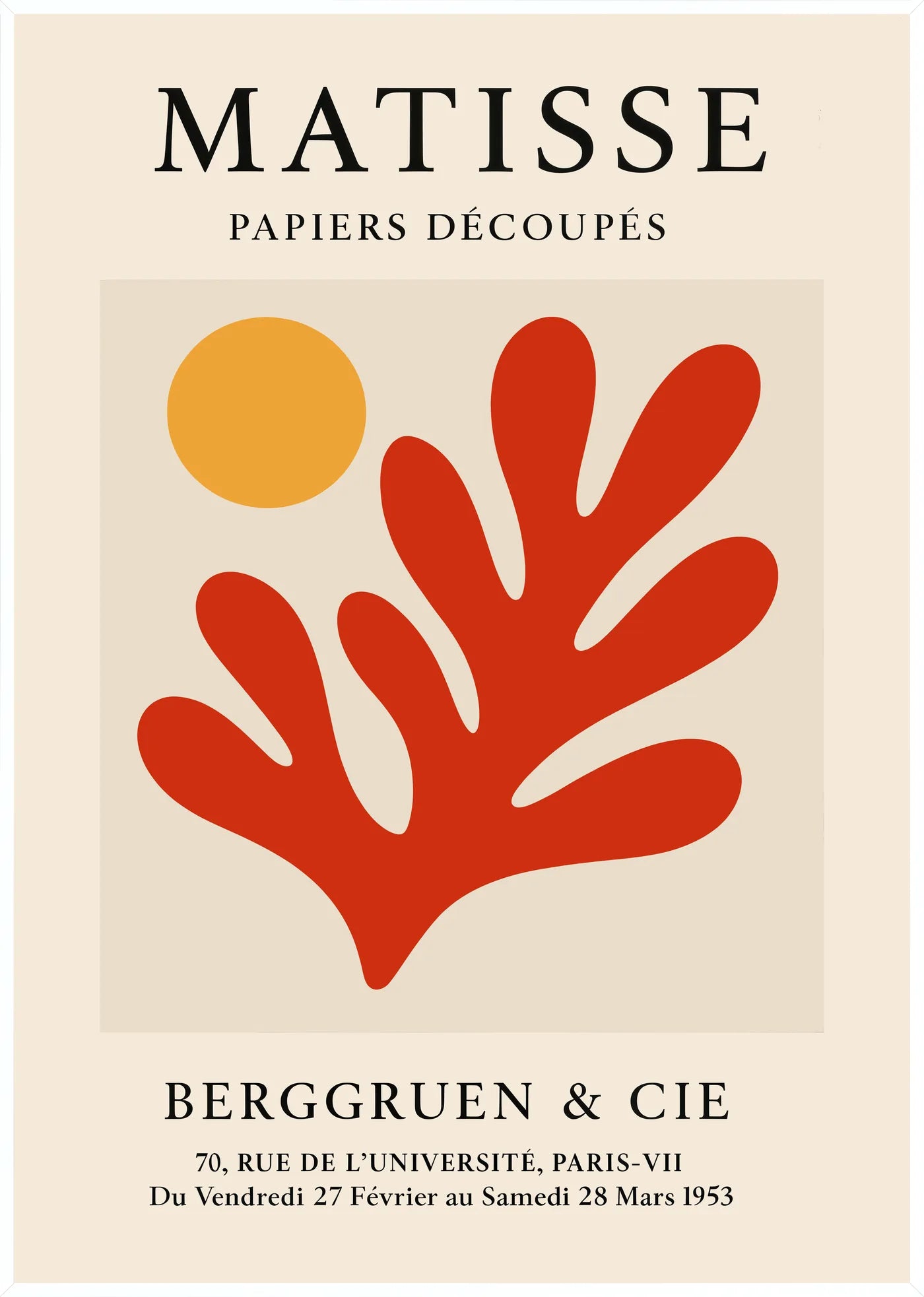 Affiche Soleil Orange et Corail Rouge Papiers Decoupes — Henri Matisse — encadrement blanc