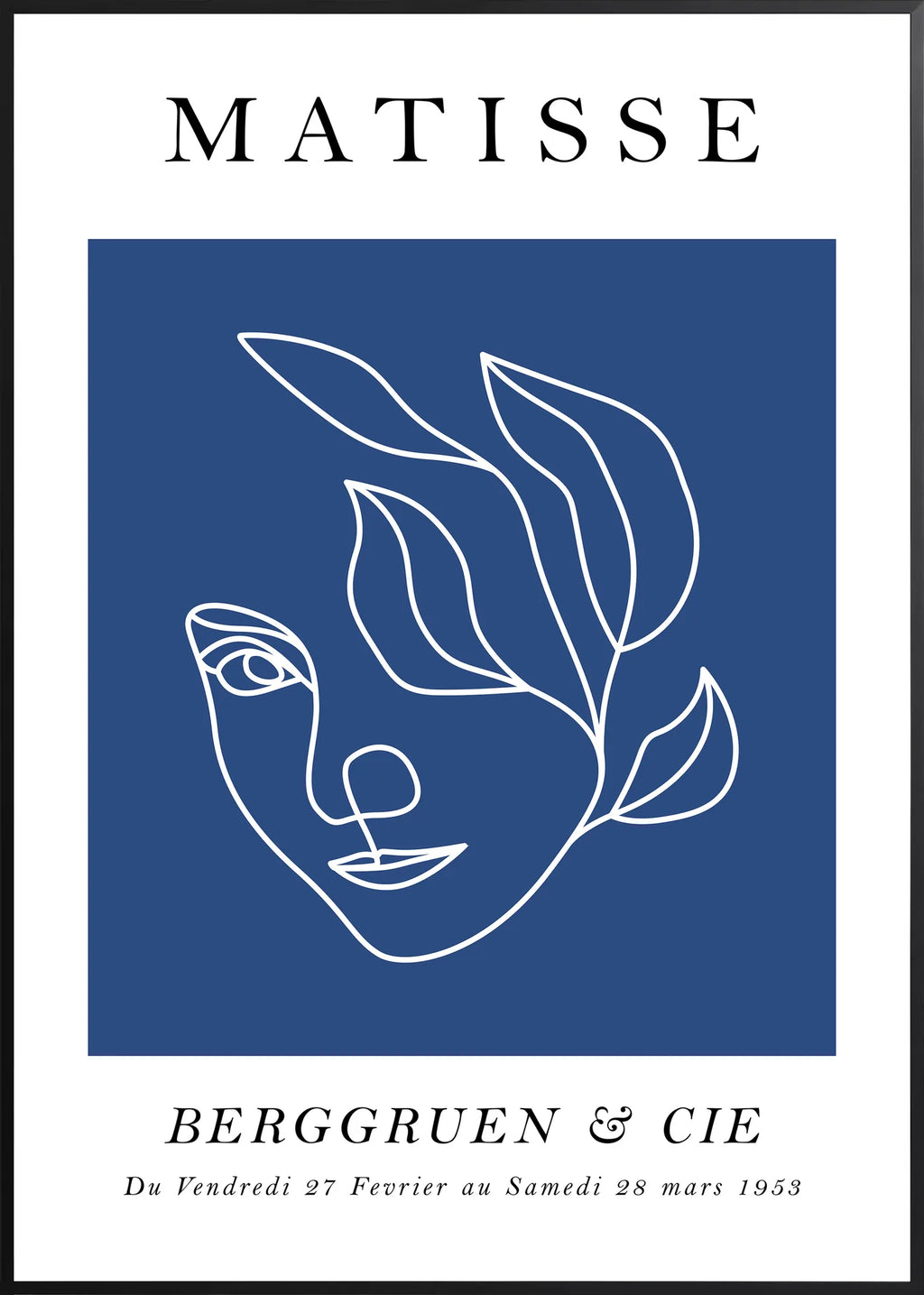 Affiche Visage au Trait Bleu Ligne Continue — Henri Matisse — encadrement noir