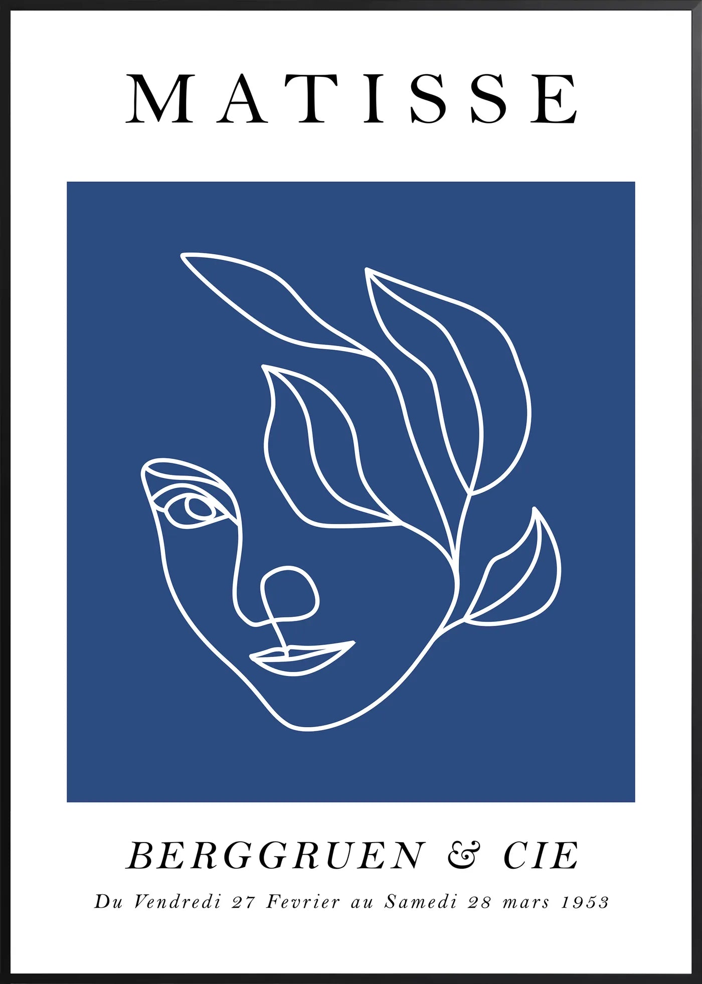 Affiche Visage au Trait Bleu Ligne Continue — Henri Matisse — encadrement noir