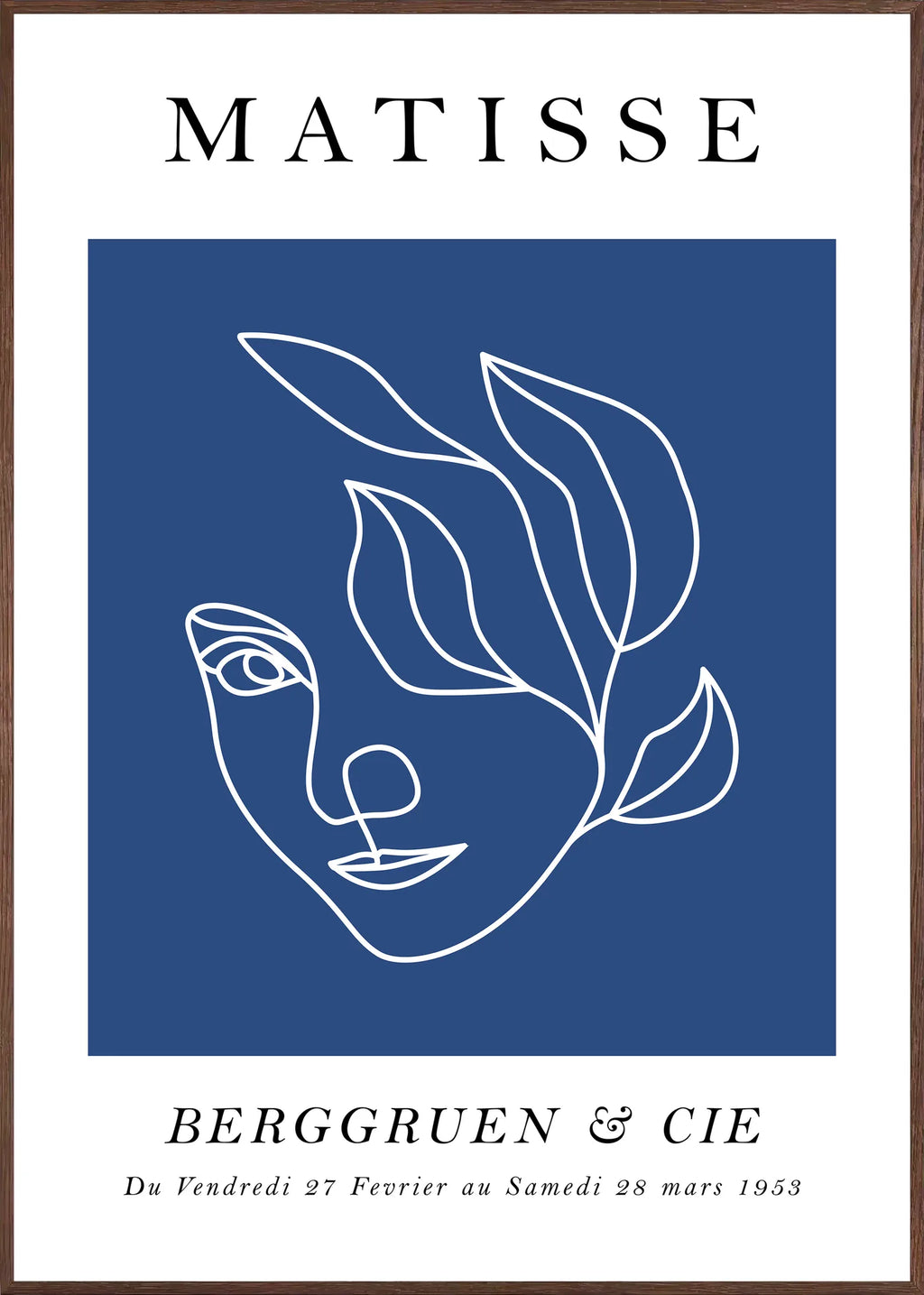 Affiche Visage au Trait Bleu Ligne Continue — Henri Matisse — encadrement chêne