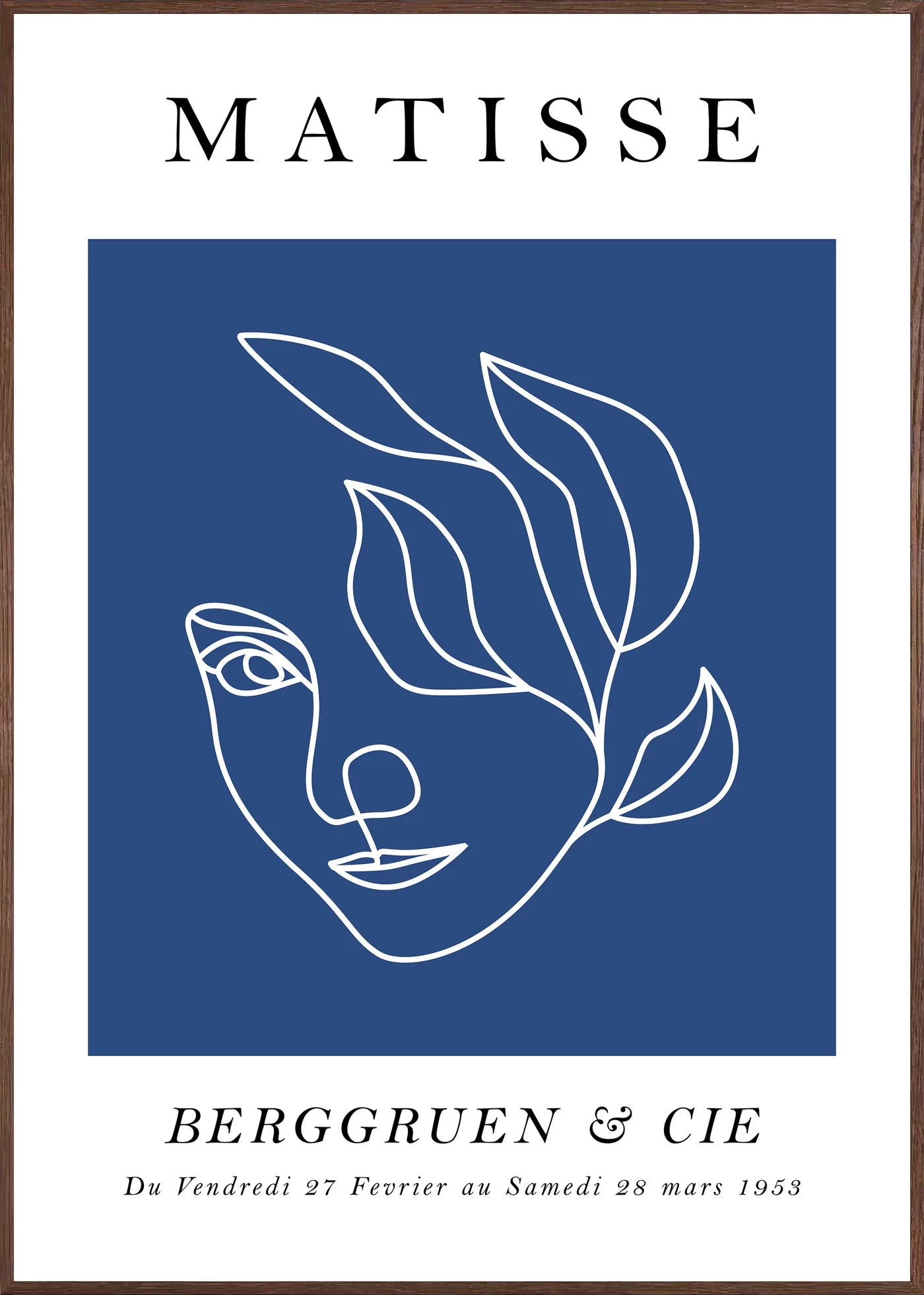 Affiche Visage au Trait Bleu Ligne Continue — Henri Matisse — encadrement chêne