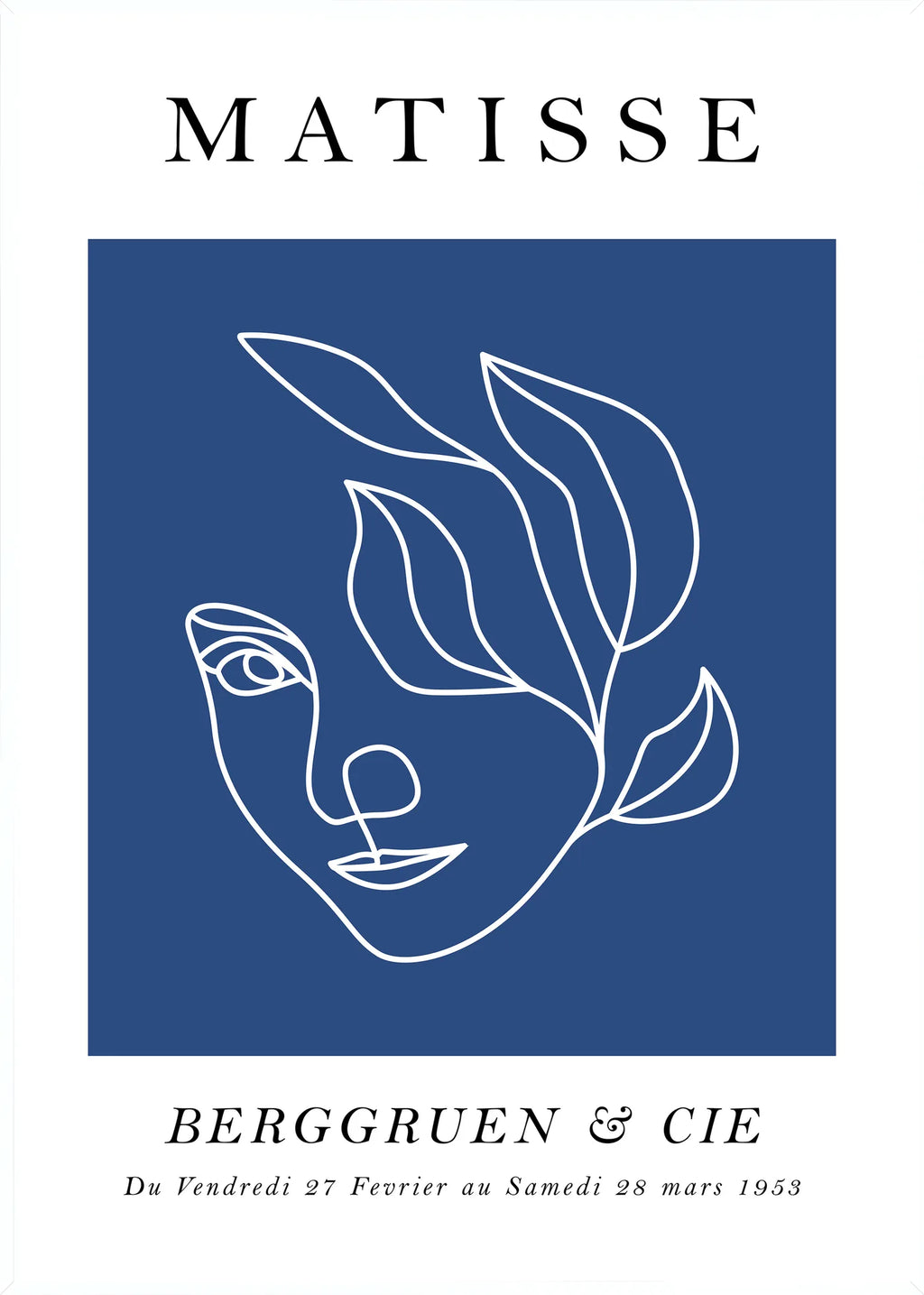 Affiche Visage au Trait Bleu Ligne Continue — Henri Matisse — encadrement blanc