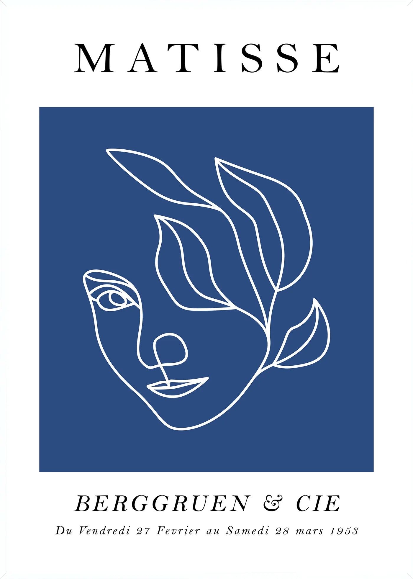 Affiche Visage au Trait Bleu Ligne Continue — Henri Matisse — encadrement blanc