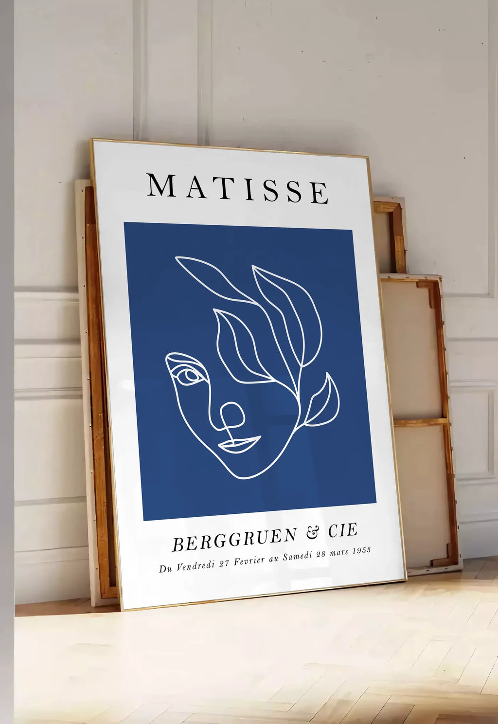 Affiche Visage au Trait Bleu Ligne Continue — Henri Matisse — mise en situation dans une entrée