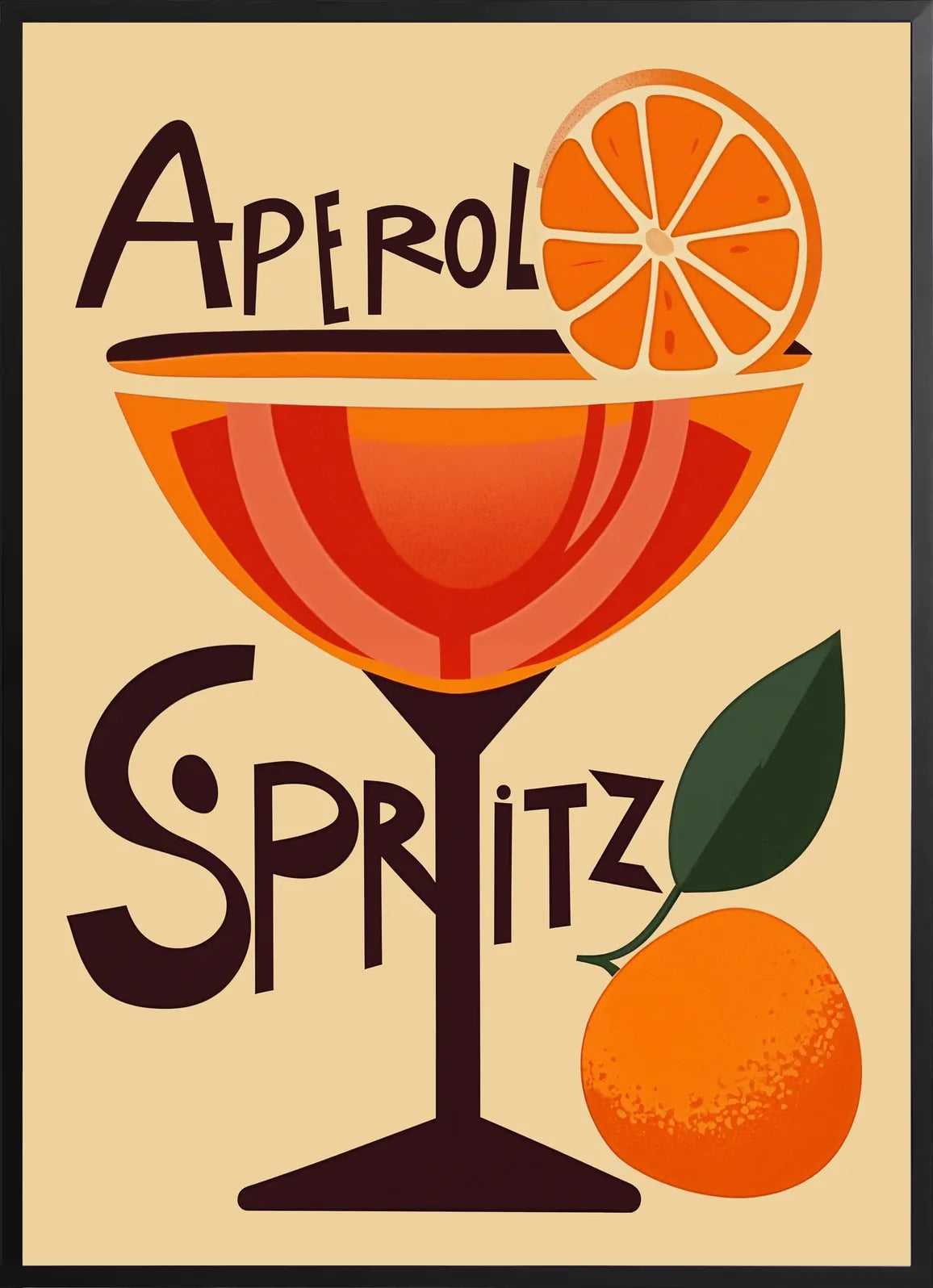 Encadrement noir mat autour du verre aperol spritz et oranges
