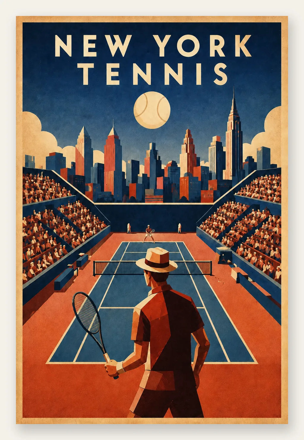 Affiche New York Tennis Homme Twilight Baseline 2, affiche Art déco de tennis new-yorkaise