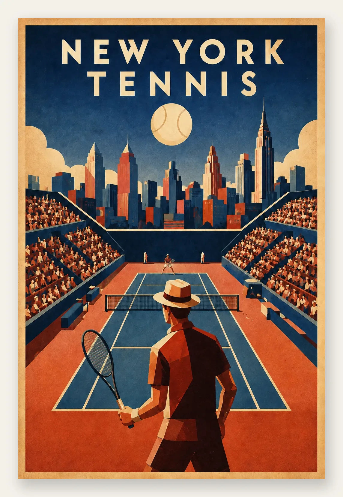 Affiche New York Tennis Homme Twilight Baseline 2, affiche Art déco de tennis new-yorkaise