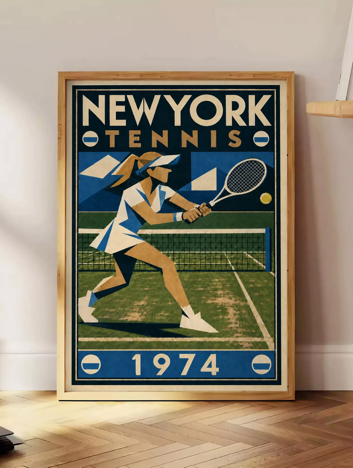 Affiche New York Tennis New York Tennis 1974 Femme gazon volée, affiche Art déco de tennis new-yorkaise