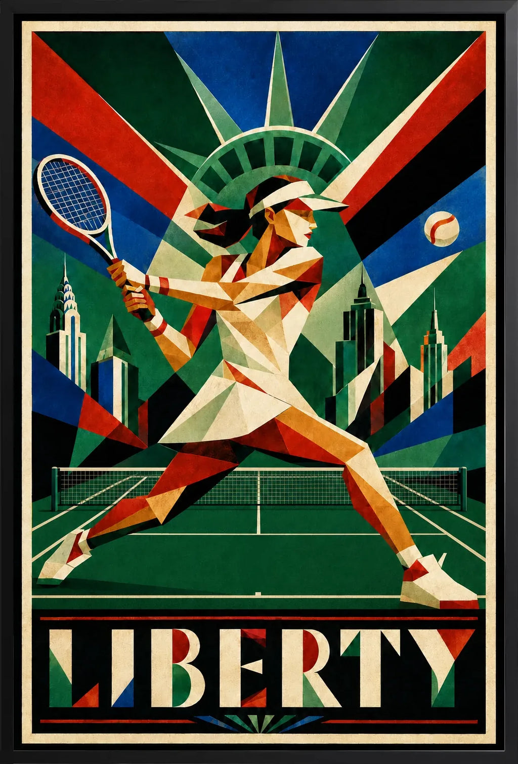 Affiche New York Tennis Femme Liberty revers, affiche Art déco de tennis new-yorkaise