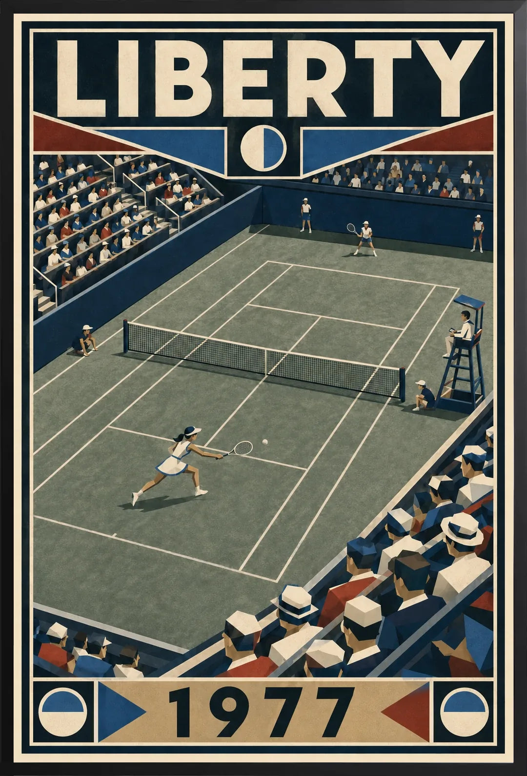 Affiche New York Tennis Liberty Tennis 1977 Femme Har-Tru dernière année, affiche Art déco de tennis new-yorkaise