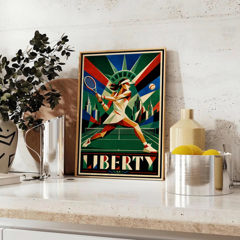 Affiche New York Tennis Femme Liberty revers, affiche Art déco de tennis new-yorkaise