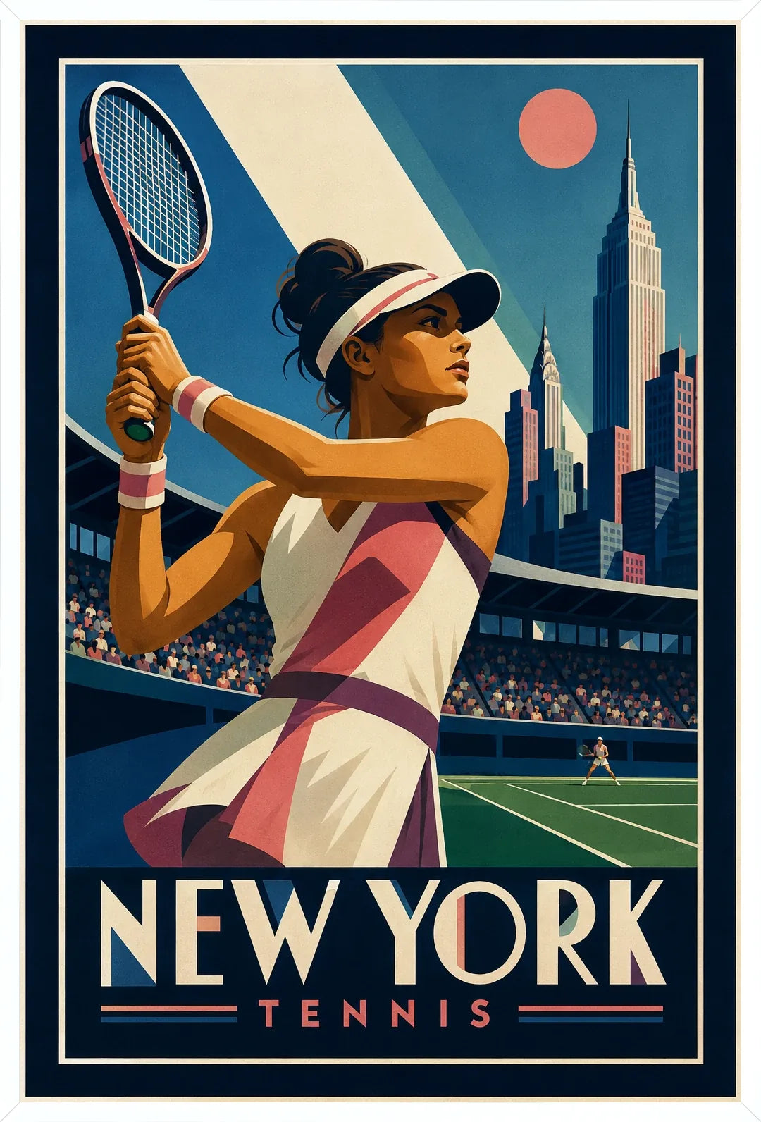 Affiche New York Tennis Tennis Female revers à deux mains Finish, affiche Art déco de tennis new-yorkaise