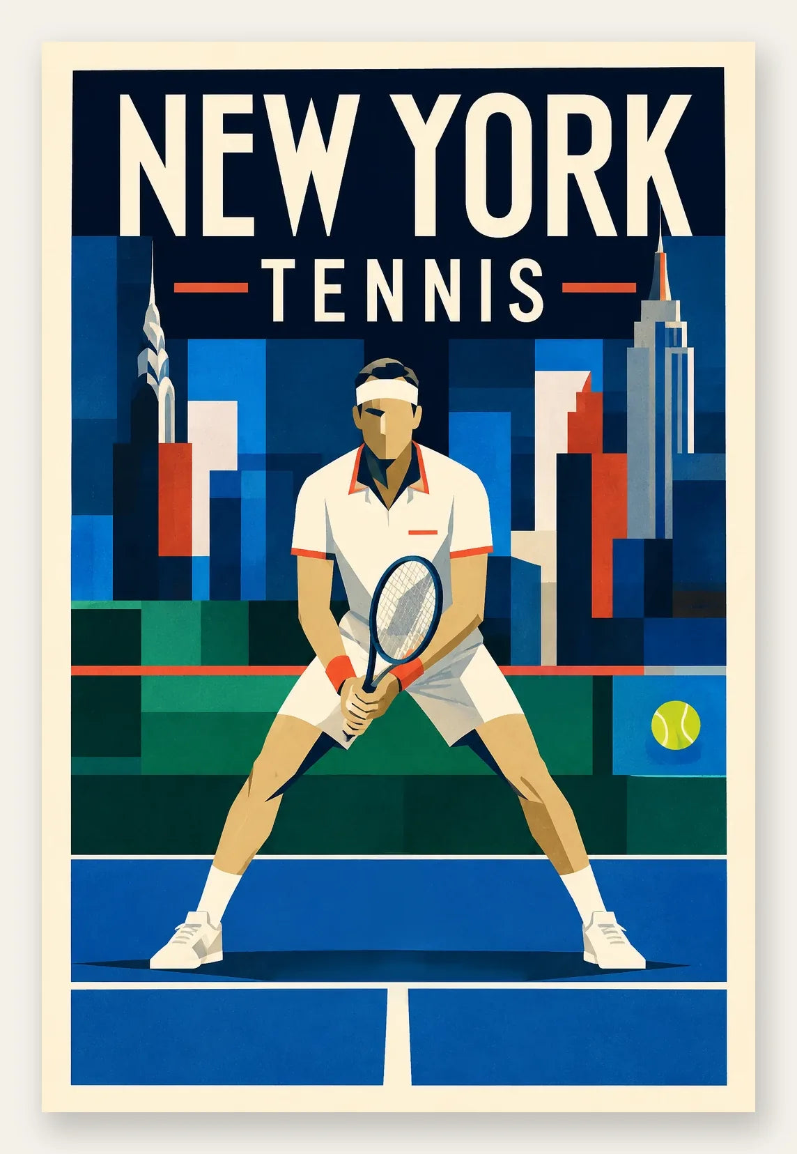 Affiche New York Tennis Ny Male Split Step prêt, affiche Art déco de tennis new-yorkaise