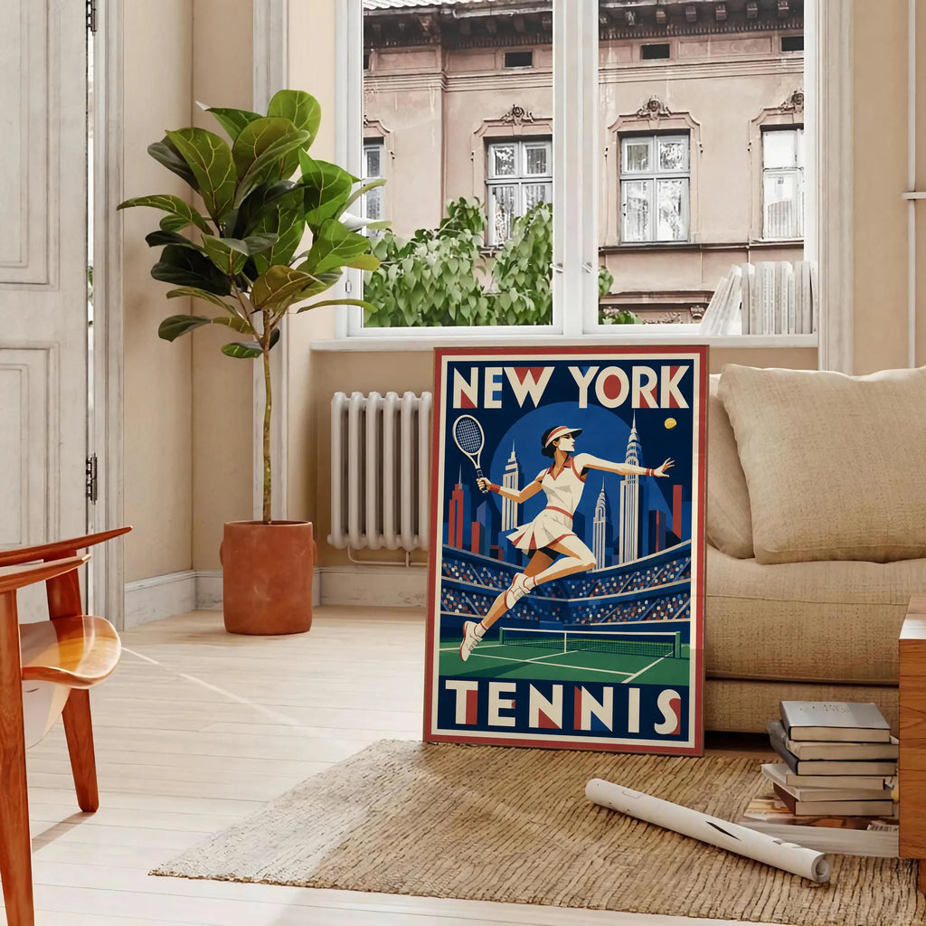 Affiche New York Tennis Tennis Female action offensive, affiche Art déco de tennis new-yorkaise