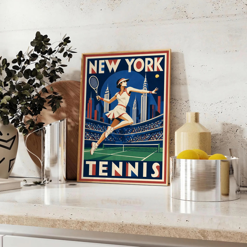Affiche New York Tennis Tennis Female action offensive, affiche Art déco de tennis new-yorkaise