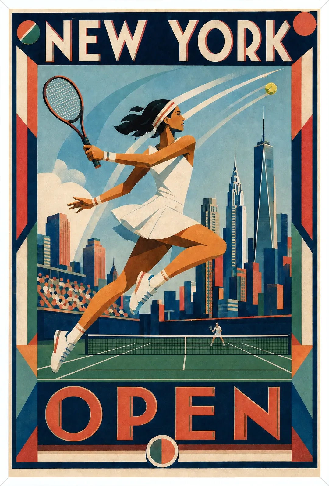 Affiche New York Tennis Open Female Leaping One Hand revers, affiche Art déco de tennis new-yorkaise