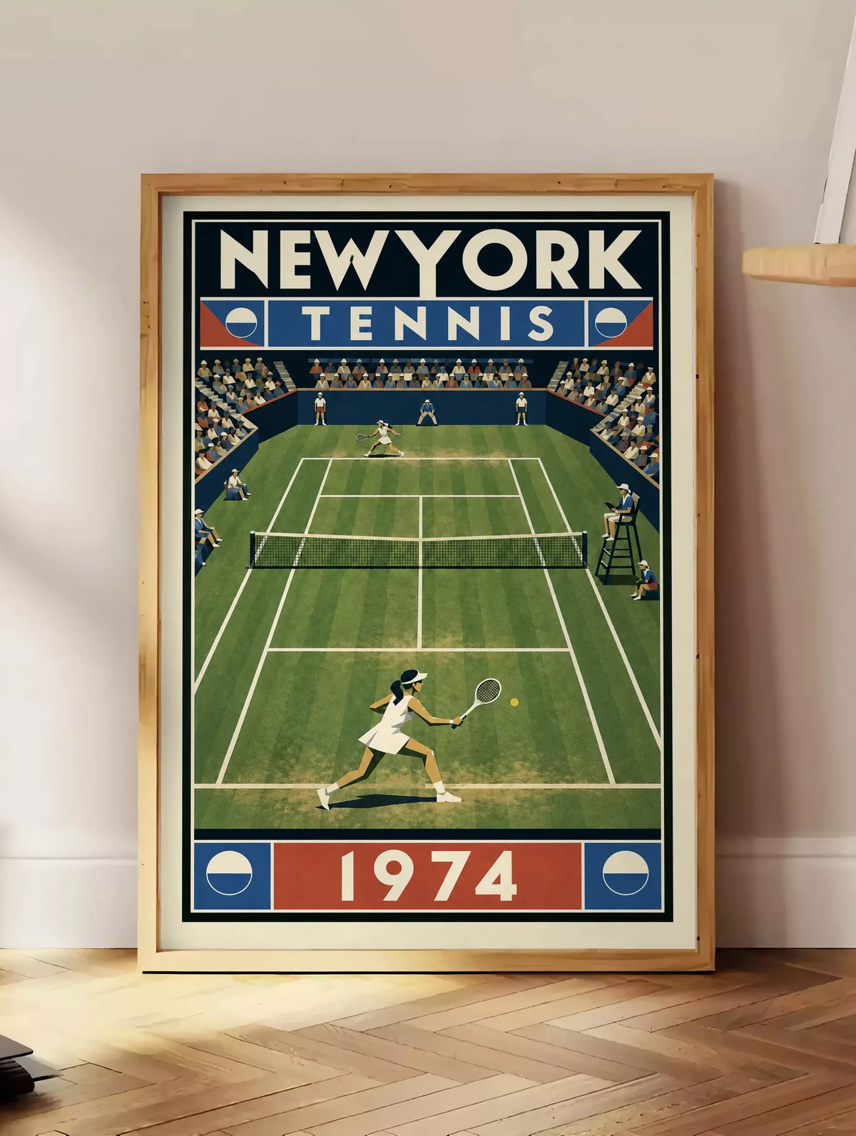 Affiche New York Tennis New York Tennis 1974 Femme gazon volée Court, affiche Art déco de tennis new-yorkaise