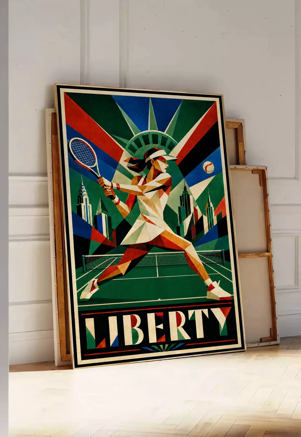 Affiche New York Tennis Femme Liberty revers, affiche Art déco de tennis new-yorkaise