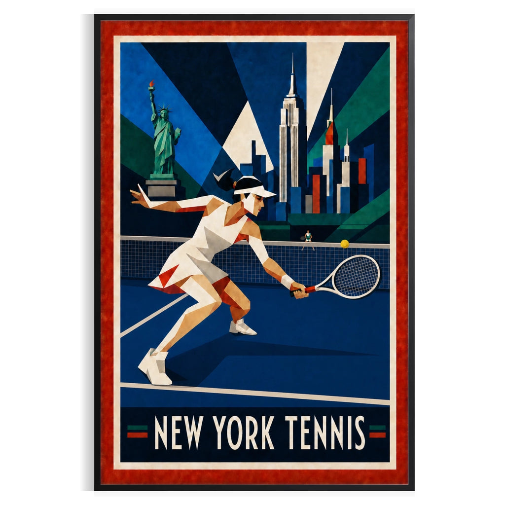 Affiche New York Tennis Geometric Femme Low demi-volée, affiche Art déco de tennis new-yorkaise