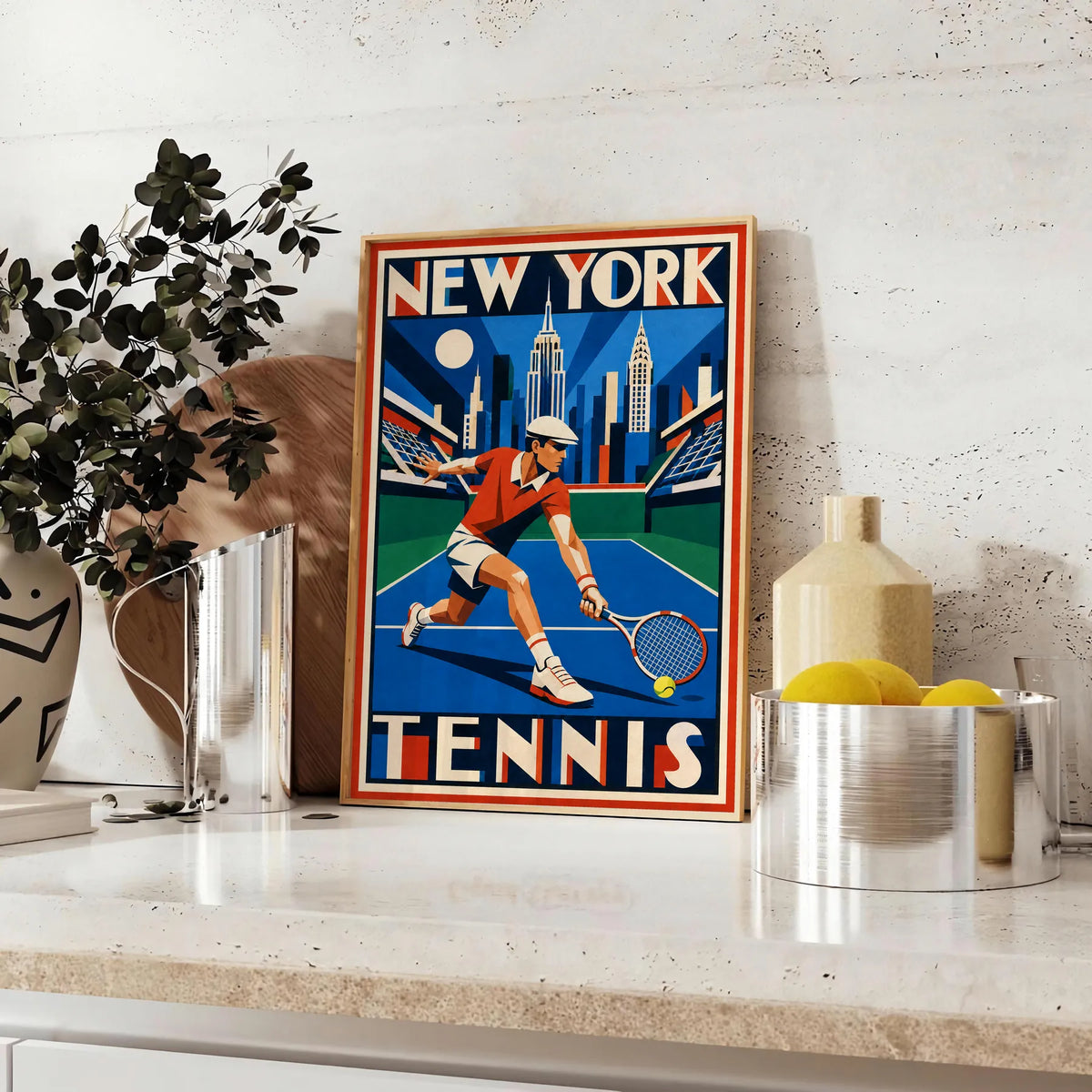 Affiche New York Tennis New York Tennis Homme slice bas, affiche Art déco de tennis new-yorkaise