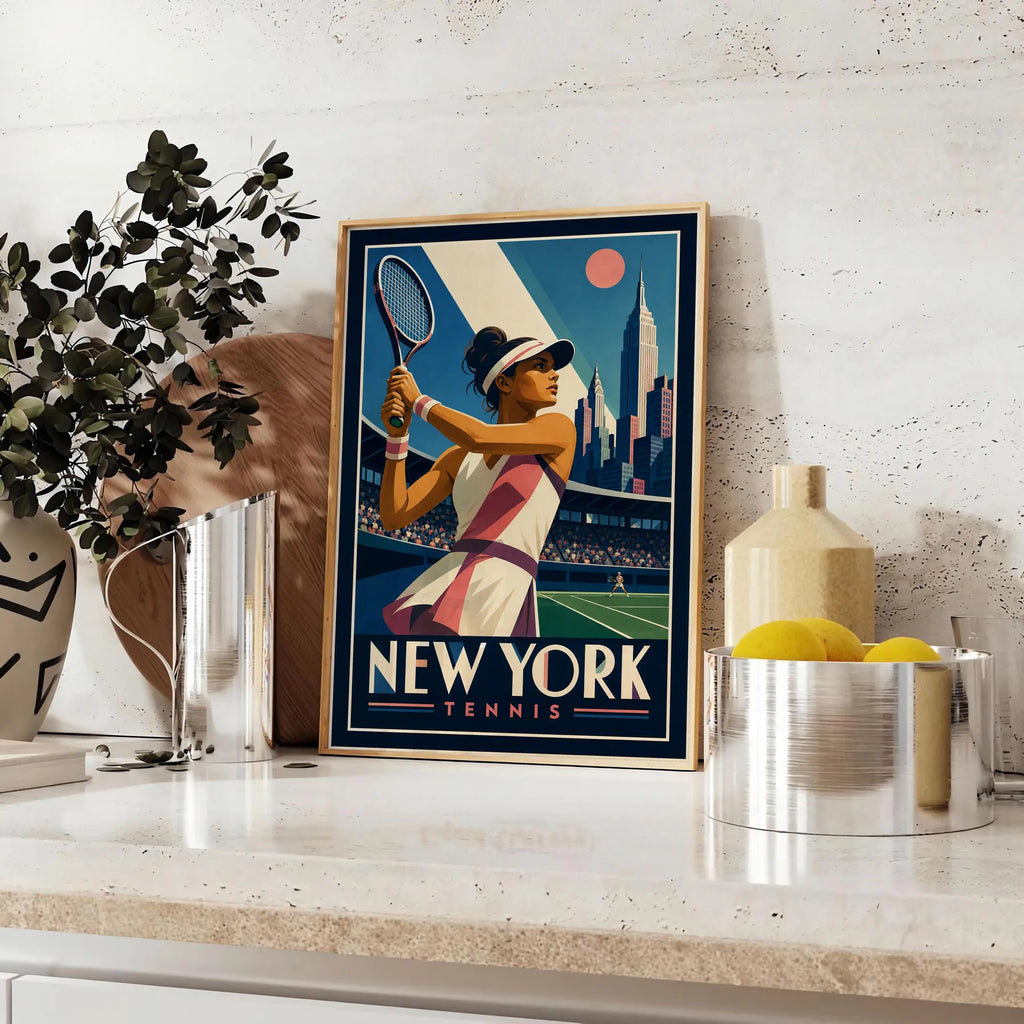 Affiche New York Tennis Tennis Female revers à deux mains Finish, affiche Art déco de tennis new-yorkaise