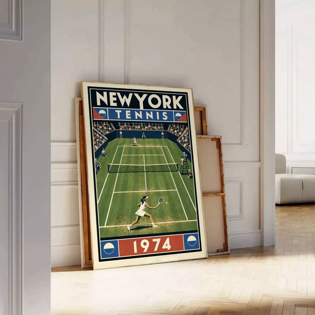 Affiche New York Tennis New York Tennis 1974 Femme gazon volée Court, affiche Art déco de tennis new-yorkaise