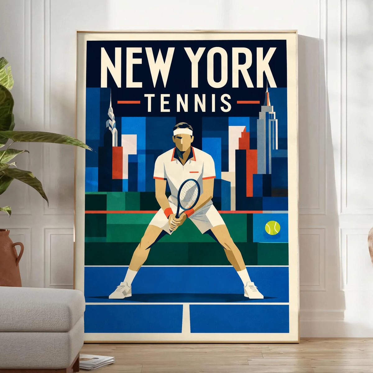 Affiche New York Tennis Ny Male Split Step prêt, affiche Art déco de tennis new-yorkaise