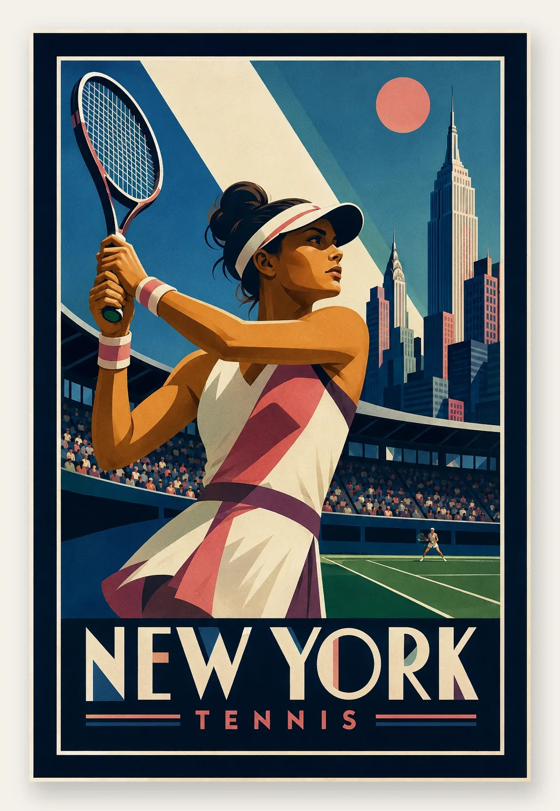 Affiche New York Tennis Tennis Female revers à deux mains Finish, affiche Art déco de tennis new-yorkaise