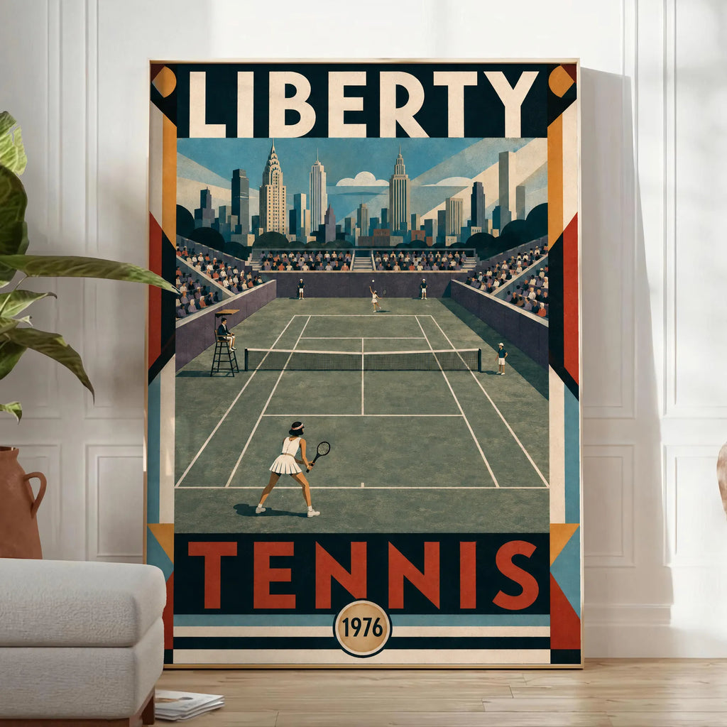 Affiche New York Tennis Liberty Tennis 1976 Femme Har-Tru Court View, affiche Art déco de tennis new-yorkaise